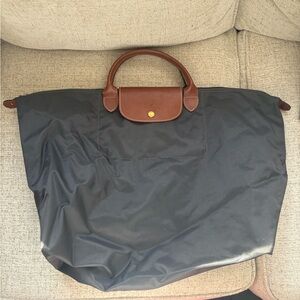 Longchamp Dark Blue and Brown Shoulder Bag with embroidery